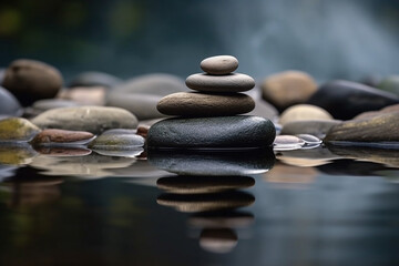 Zen stones stacked on river meditation and zen concept. Balance and stability, relaxation and peace. Natural therapy contemplation theraphy. Ai generated