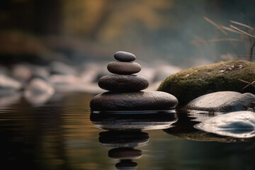 Zen stones stacked on river meditation and zen concept. Balance and stability, relaxation and peace. Natural therapy contemplation theraphy. Ai generated