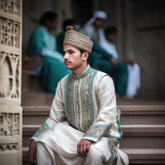 Fototapeta premium AI generated portrait of handicap male student wearing traditional outfits waiting to perform the Eid prayer in courtyard of the Sacred Mosque al-Haram Mosque in Mecca
