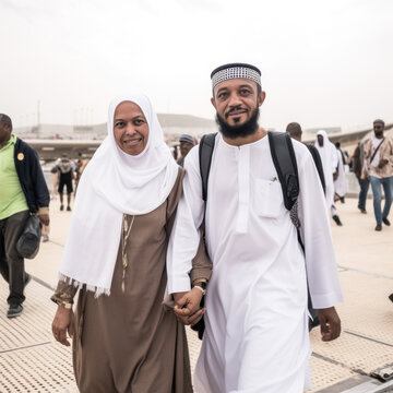 AI generated muslim woman with her husband on their way to Hajj