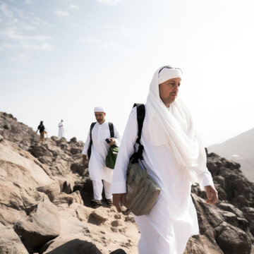 AI Generated Portrait Of Pilgrims To Mecca Wearing Traditional Outfits Climbing Mount Arafat