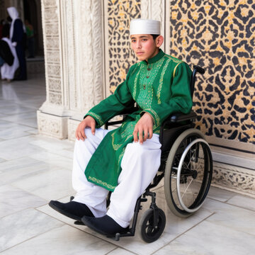 AI generated portrait of handicap male student wearing traditional outfits waiting to perform the Eid prayer in courtyard of the Sacred Mosque al-Haram Mosque in Mecca