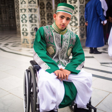 AI generated portrait of handicap male student wearing traditional outfits waiting to perform the Eid prayer in courtyard of the Sacred Mosque al-Haram Mosque in Mecca