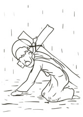 Via Crucis drawing depicting when Jesus falls the second time, Vector illustration
