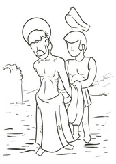 Fototapeta na wymiar Via Crucis drawing depicting Jesus being stripped of his garment, Vector illustration