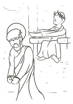 Via Crucis drawing depicting when Jesus is condemned to death, Vector illustration