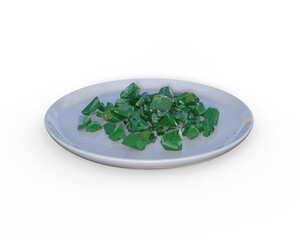 3D illustration of a plate containing green crystalline solids.