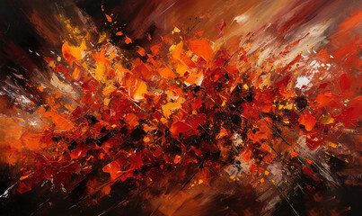  an abstract painting of red and orange flowers on a black background.  generative ai