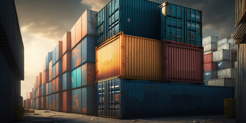 Fototapeta premium stacked containers in port or loading dock, generative ai