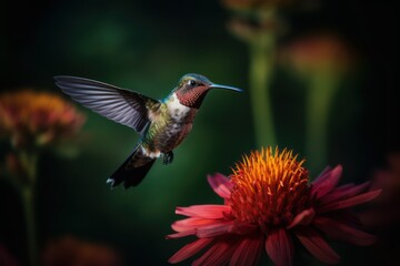 Fototapeta premium hummingbird bird flying in front of the flower, generative ai