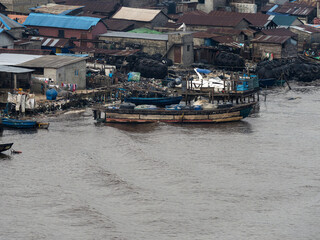 Top view of Lagos biggest slum, Makoko. Makoko is home to over 100,000 residents and this was shot in Lagos, Nigeria. August 23 2022