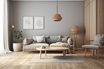 cozy living room with wooden flooring and comfortable furniture. Generative AI