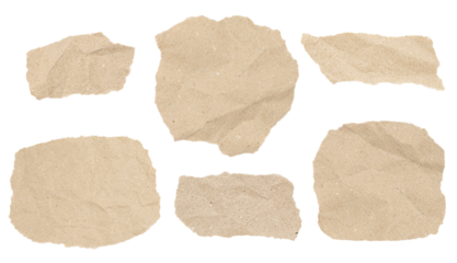 Set of torn recycled paper pieces isolated on transparent background