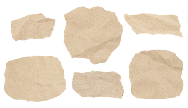 Set of torn recycled paper pieces isolated on transparent background