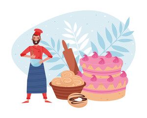 Baker Man Cooking Sweet Pastry and Confection at Bakery Vector Illustration