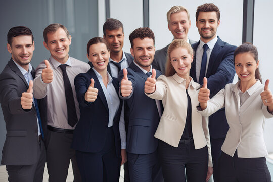 Portrait of a group of business people showing thumbs up in office, Generative AI