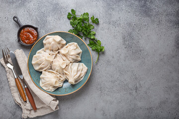 Georgian dumplings Khinkali on plate with red tomato sauce and fresh cilantro top view on rustic stone background, traditional dish of Georgia. Space for text