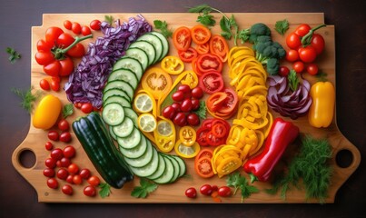  a cutting board topped with lots of different types of vegetables.  generative ai