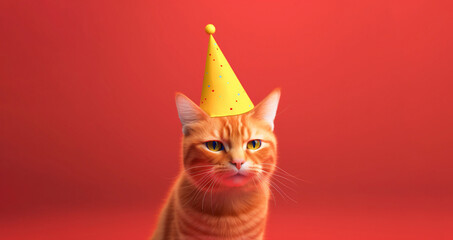 angry giger cat with yellow birthday hat, red backgroundg, free copy space. Generative AI