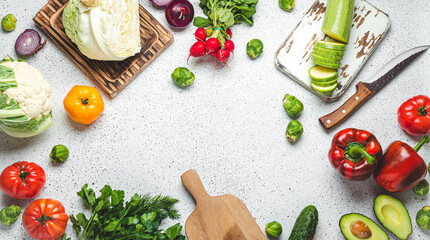 Fresh various vegetables with wooden cutting boards and knife on white kitchen table top view. Cooking vegetarian meal from healthy ingredients, diet food and nutrition concept