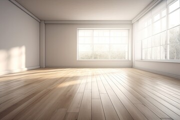 Fototapeta premium Illustration of an empty room with a spacious window and warm wooden flooring. Generative AI