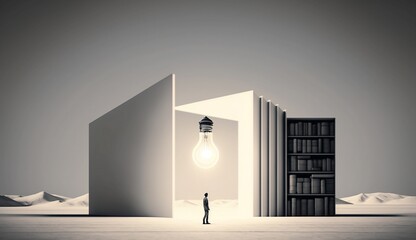 Illuminating Knowledge: Innovative Ideas in a Minimalistic Library. Idea, Light bulb, Library, books, Minimalistic, generative AI