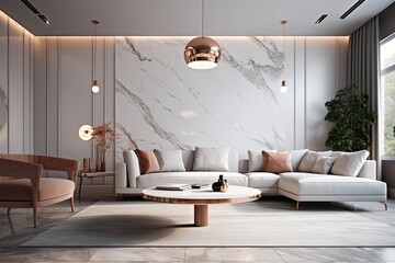 modern living room with luxurious marble walls and flooring. Generative AI