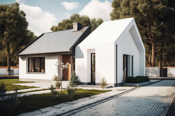 Fototapeta na wymiar Small modern house, white walls, grey roof. Generative AI.