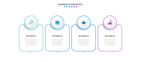 Timeline infographic with infochart. Modern presentation template with 4 spets for business process. Website template on white background for concept modern design. Horizontal layout.