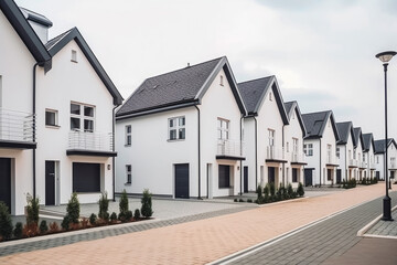 New residential modern houses, white facade with anthracite roof. Generative AI.