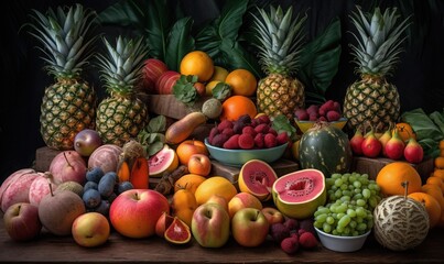 Naklejka na ściany i meble a table topped with lots of different types of fruits and vegetables. generative ai