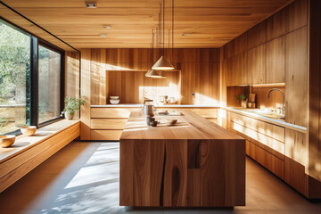 Modern wooden kitchen, natural materials, living with nature. Generative AI.