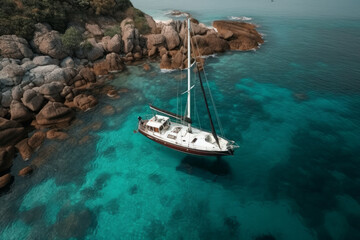Fototapeta na wymiar Aerial view of a luxury sailing boat in clear tropical blue water. Generative ai