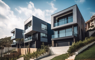 Fototapeta na wymiar New residential modern houses in a row. Generative AI.