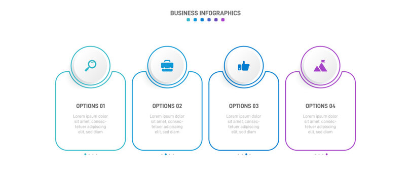 Timeline infographic with infochart. Modern presentation template with 4 spets for business process. Website template on white background for concept modern design. Horizontal layout.