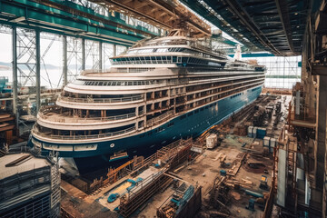 Construction of large passenger cruise ship. Generative AI.