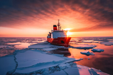 Red icebreaker in the middle of Arctic ocean, at sunset. Generative AI.