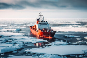 Red icebreaker in the middle of Arctic ocean. Generative AI.