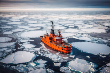 Red icebreaker in the middle of Arctic ocean. Generative AI.