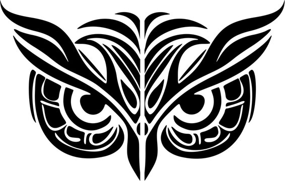 ﻿Owl with black & white tattoo & Polynesian designs on its face.