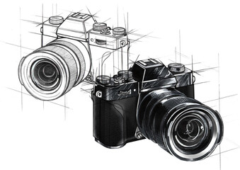 Design Skizze einer schwarzen Kamera mit Objektiv