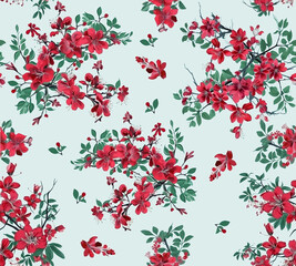 Fototapeta premium Red calico folk floral seamless wallpaper, fabric and background.