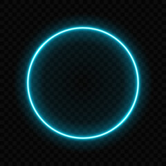 Neon circle. Light glow round blue color isolated on dark background. Illuminated frame for design print. Abstract digital circe. Glowing flare loop. Speckle radial circular. Vector illustration