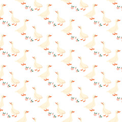 A pattern of white birds with a pink flowers on the bottom. Gentle pattern with geese and small elements of pink flowers on a white background.
