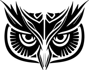 ﻿A black and white owl tattoo with Polynesian designs on its face.