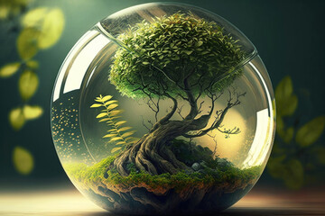 glass sphere and green tree inside. Earth Day. environment protection. let's take care of nature. Generative AI