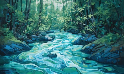  a painting of a river flowing through a forest filled with trees.  generative ai