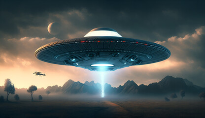 Fototapeta na wymiar UFO Landing On Earth Night Sky. Generative AI
