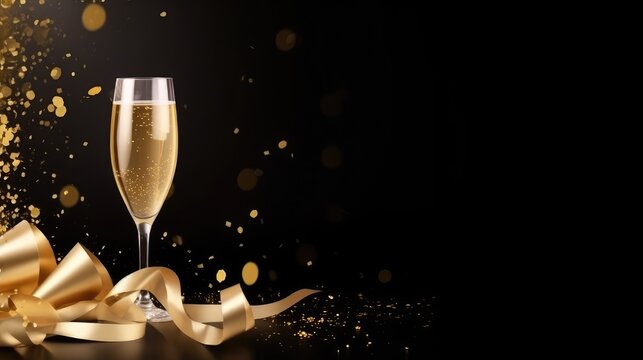 A gold banner with a champagne glass and confetti for New Year's Eve. With empty space for text. Generative ai.