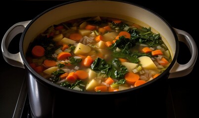  a pot of soup with carrots, spinach and cheese.  generative ai